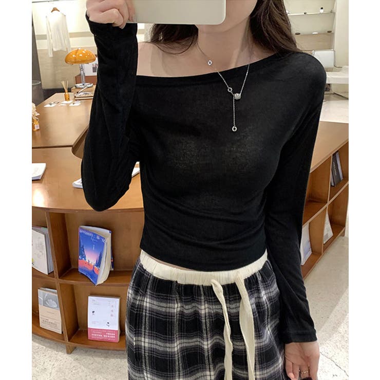 ワンショルダー長袖トップス トップス リブニット[品番：IK000008079