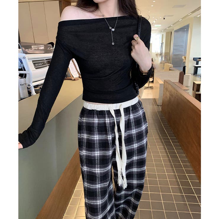 ワンショルダー長袖トップス トップス リブニット[品番：IK000008079