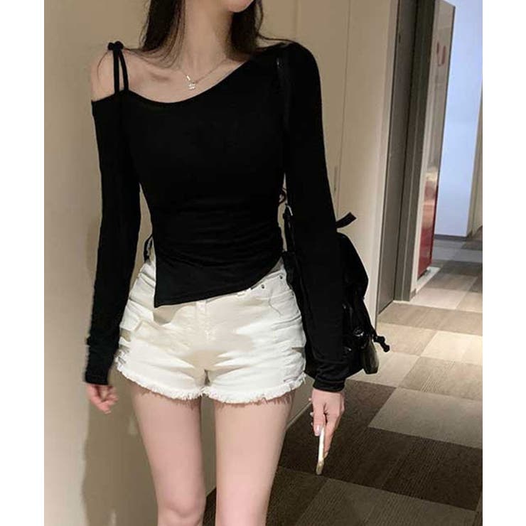 ブラック | リボンストラップワンショルダートップス トップス カットソー | kirakiraShop 