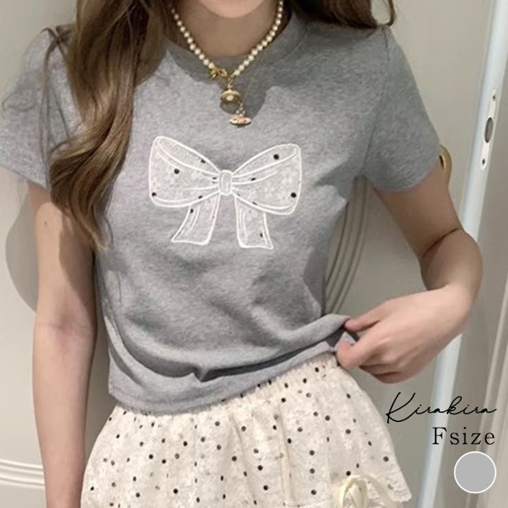 リボンレース刺繍Tシャツ トップス フィット | kirakiraShop  | 詳細画像1 