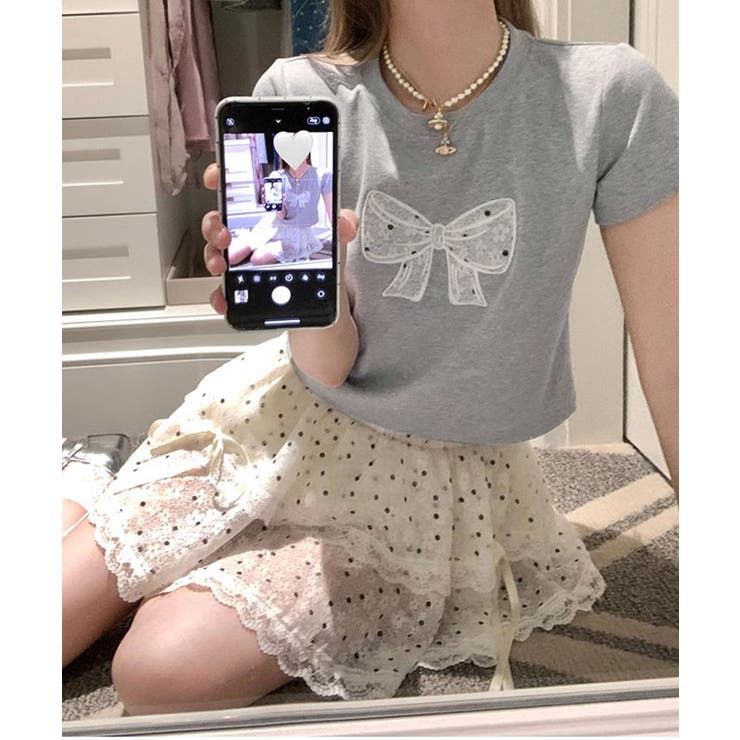 リボンレース刺繍Tシャツ トップス フィット | kirakiraShop  | 詳細画像2 