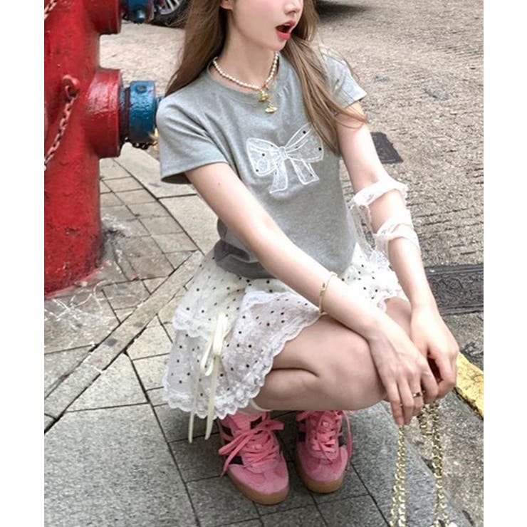 リボンレース刺繍Tシャツ トップス フィット | kirakiraShop  | 詳細画像15 