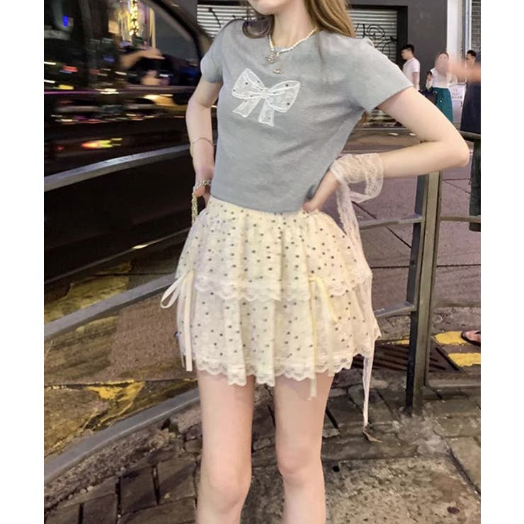 リボンレース刺繍Tシャツ トップス フィット | kirakiraShop  | 詳細画像22 