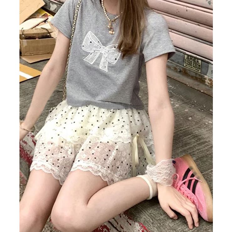 リボンレース刺繍Tシャツ トップス フィット | kirakiraShop  | 詳細画像9 
