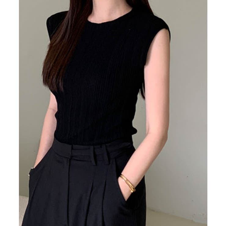 ブラック | フレンチスリーブサマーリブニット トップス サマーニット | kirakiraShop 