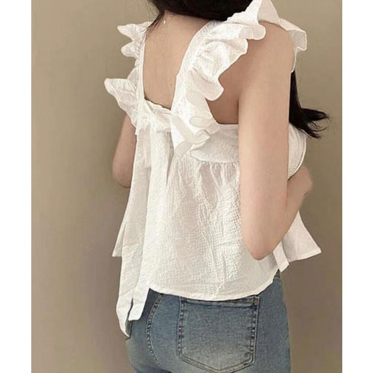 ホワイト | バックリボンフリルノースリーブトップス トップス サマー | kirakiraShop 