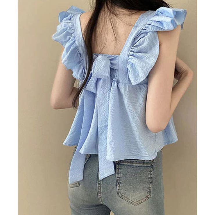 大人気❀花柄トップス♡肩フリル＆バックリボンで春夏コーデに！ バックリボンフリルノースリーブトップス トップス サマー[品番