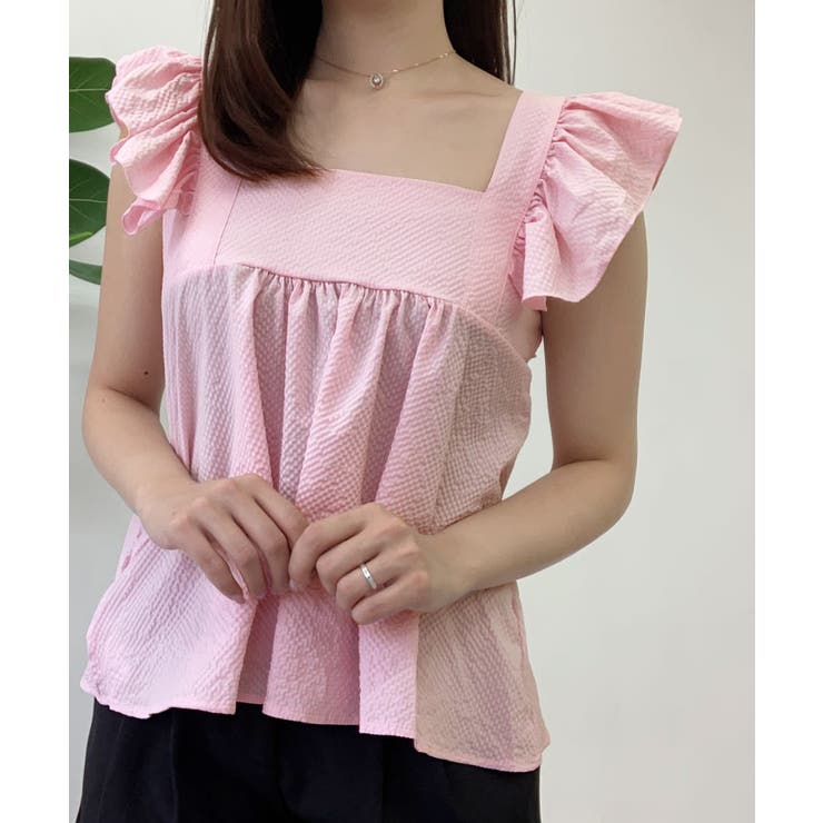 フリル付きパフスリーブトップス ピンク フリーサイズ パフスリーブカラーニットトップス/ピンク | TOPS | OBLI