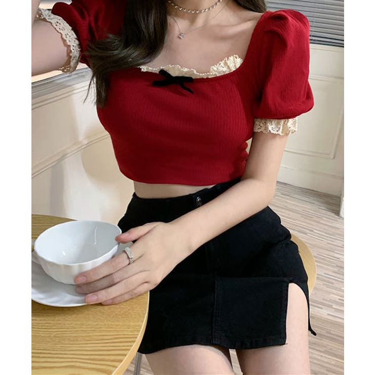 レッド | スクエアネックフリル半袖Tシャツ カットソー 半袖 | kirakiraShop 