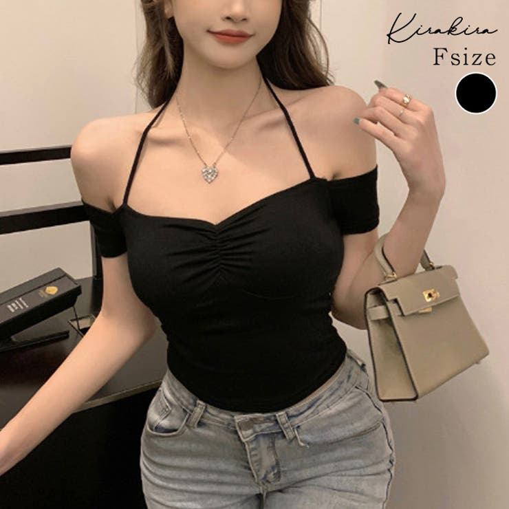 オフショルダーストラップ半袖Tシャツ トップス サマーカットソー | kirakiraShop  | 詳細画像1 