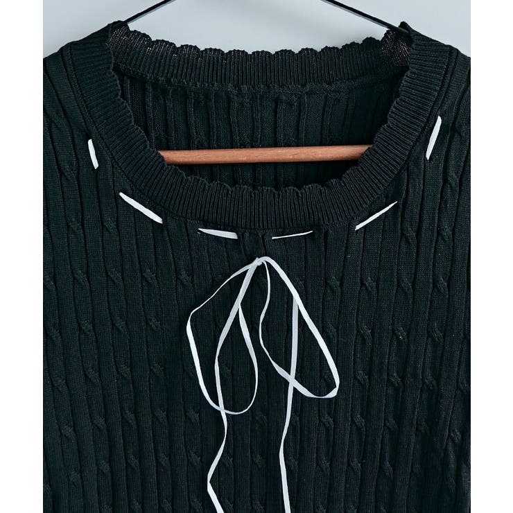 ステッチリボン半袖ニットワンピース 2色 ミニワンピース[品番