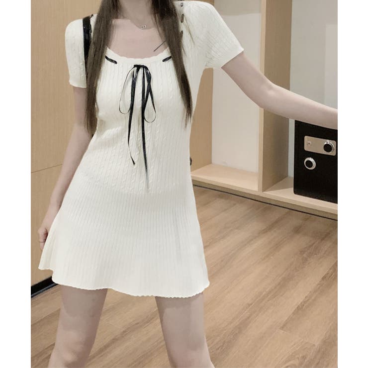 ステッチリボン半袖ニットワンピース 2色 ミニワンピース[品番