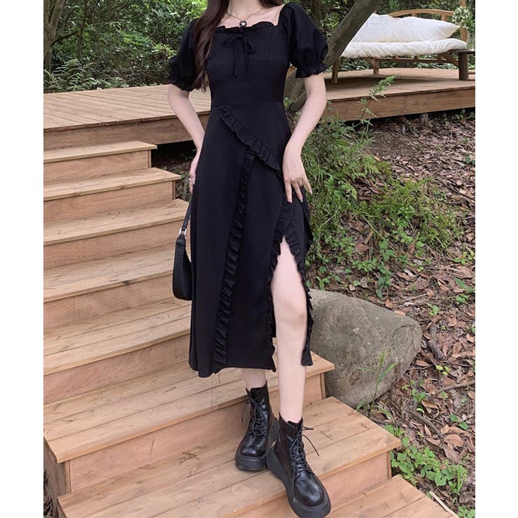 深スリットパフスリーブワンピース ロングワンピース マキシ