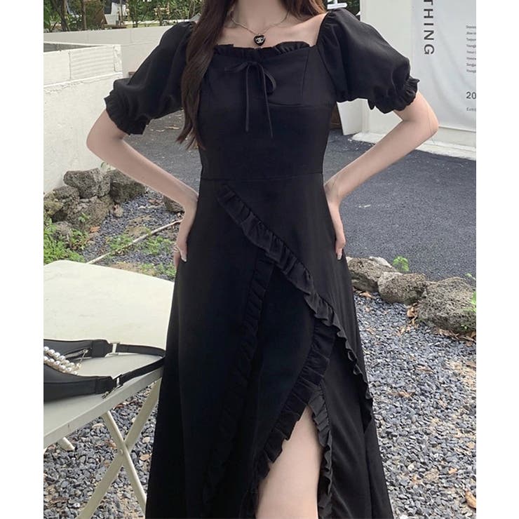 深スリットパフスリーブワンピース ロングワンピース マキシワンピ | kirakiraShop  | 詳細画像3 