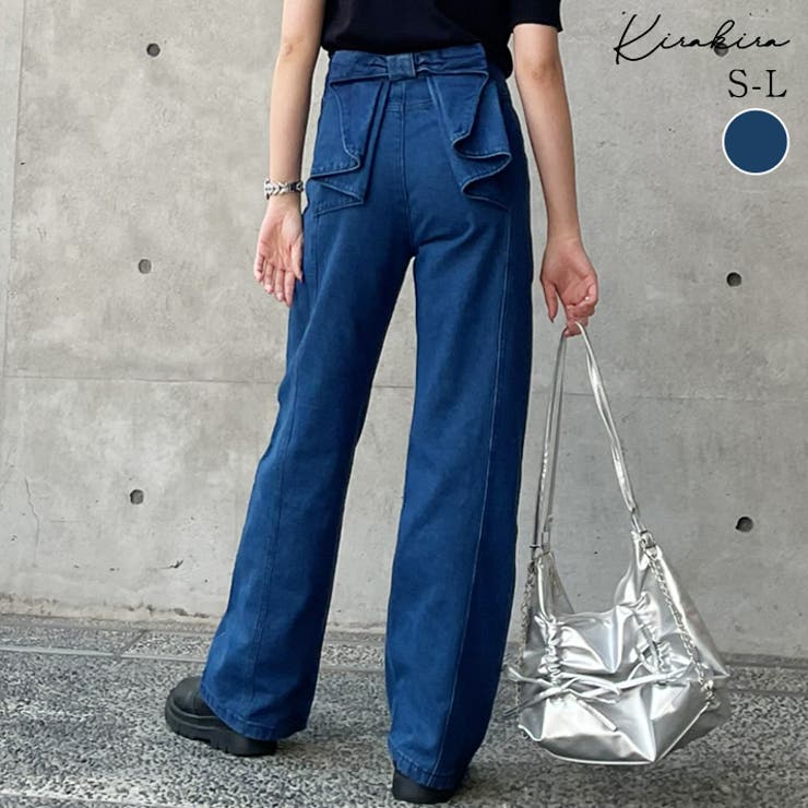 バックリボンハイウエストデニムワイドパンツ ボトムス デニムパンツ | kirakiraShop  | 詳細画像1 