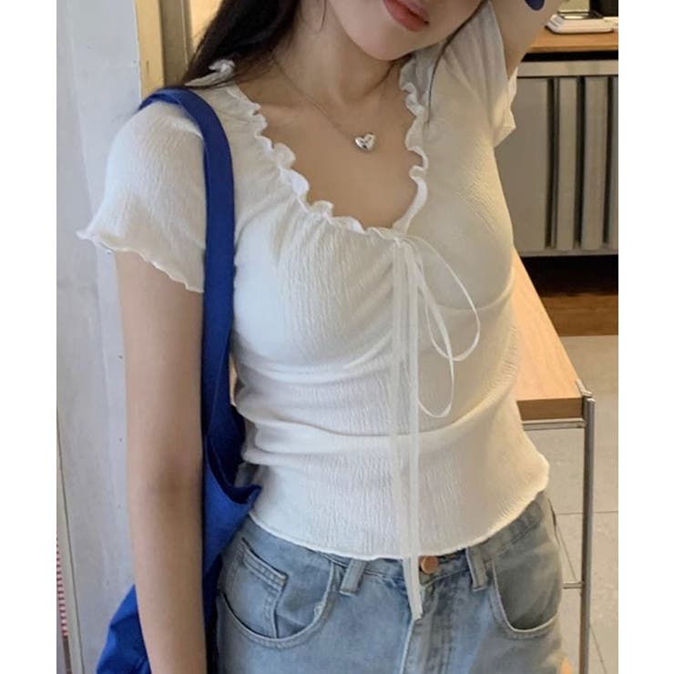 フロントリボンギャザーデザインTシャツ カットソー 半袖 | kirakiraShop  | 詳細画像3 