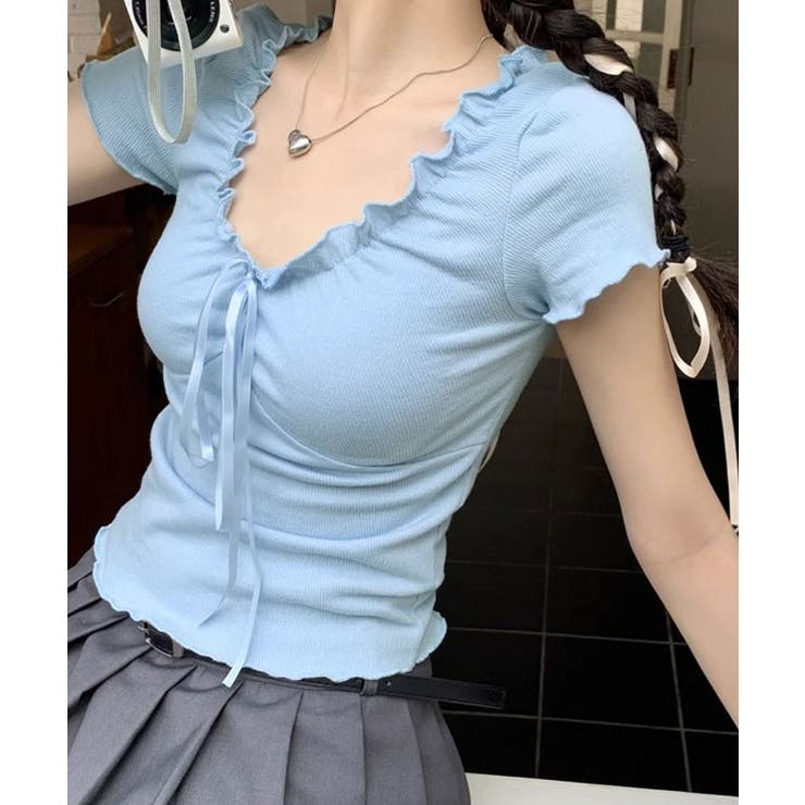 フロントリボンギャザーデザインTシャツ カットソー 半袖 | kirakiraShop  | 詳細画像23 