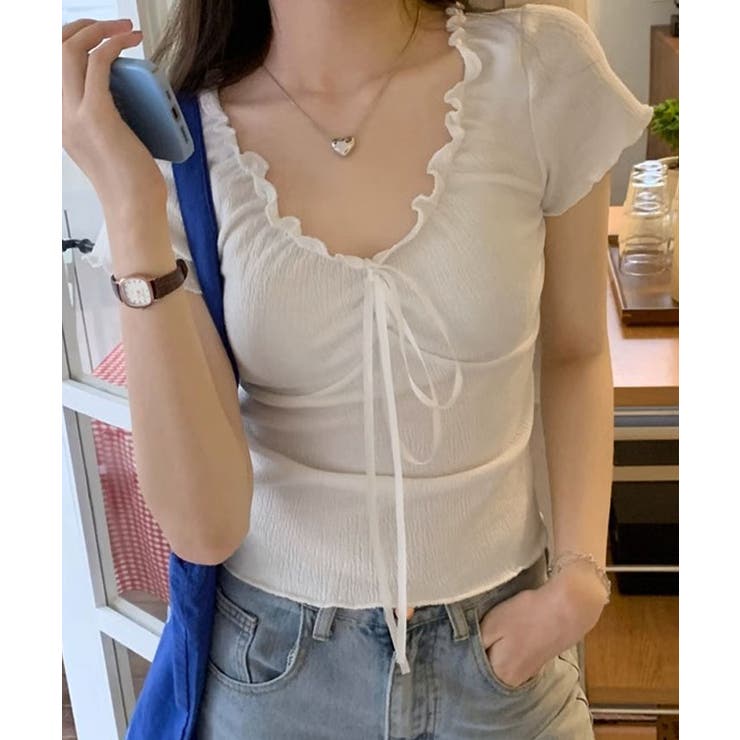 フロントリボンギャザーデザインTシャツ カットソー 半袖 | kirakiraShop  | 詳細画像4 