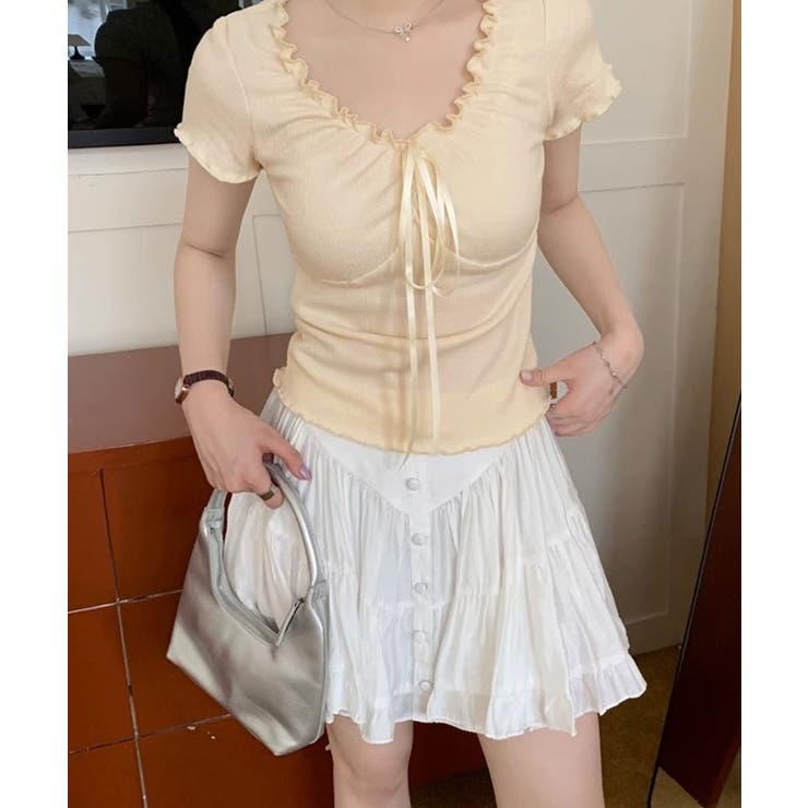 フロントリボンギャザーデザインTシャツ カットソー 半袖 | kirakiraShop  | 詳細画像9 