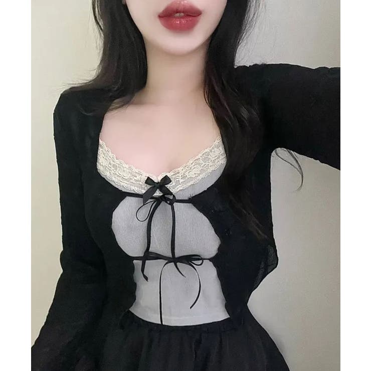 ブラック | フラワーレースリボンカーディガン トップス カーディガン | kirakiraShop 