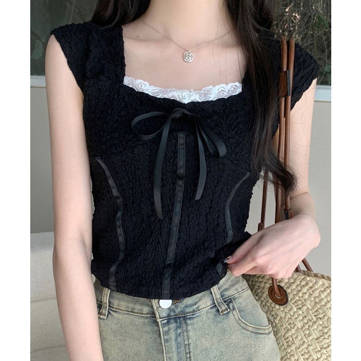 ブラック | リボンレースノースリーブトップス トップス サマー | kirakiraShop 
