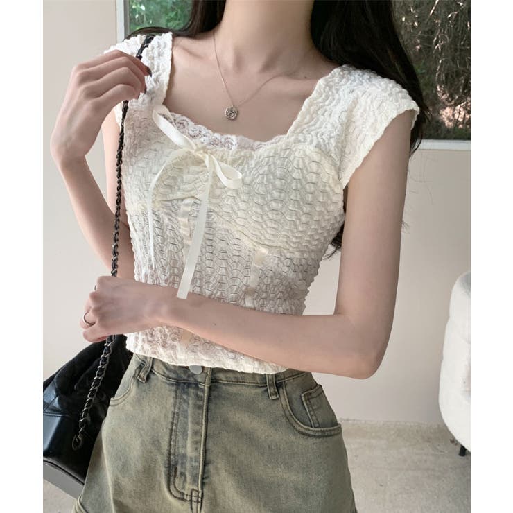 ホワイト | リボンレースノースリーブトップス トップス サマー | kirakiraShop 