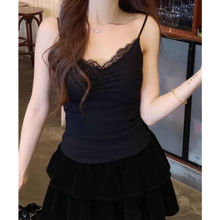 ブラック | カップ付きレースキャミソール トップス キャミソール | kirakiraShop 