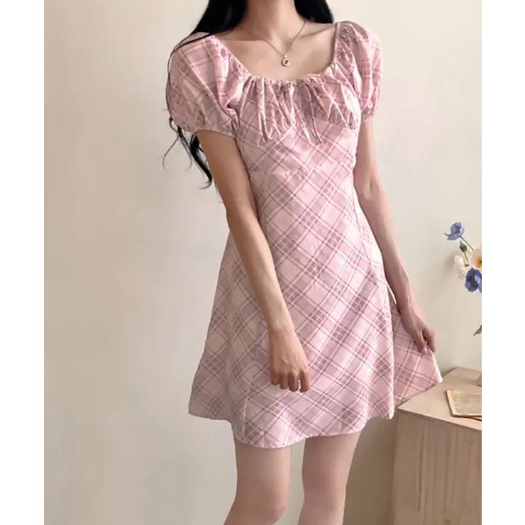 チェック柄パフスリーブミニワンピース ワンピース ミニスカート