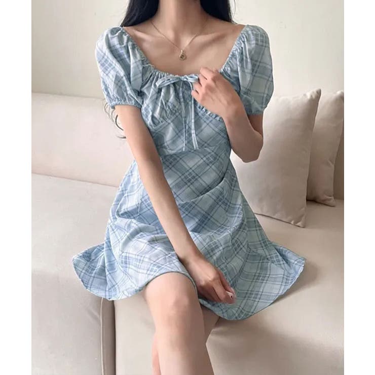 チェック柄パフスリーブミニワンピース ワンピース ミニスカート