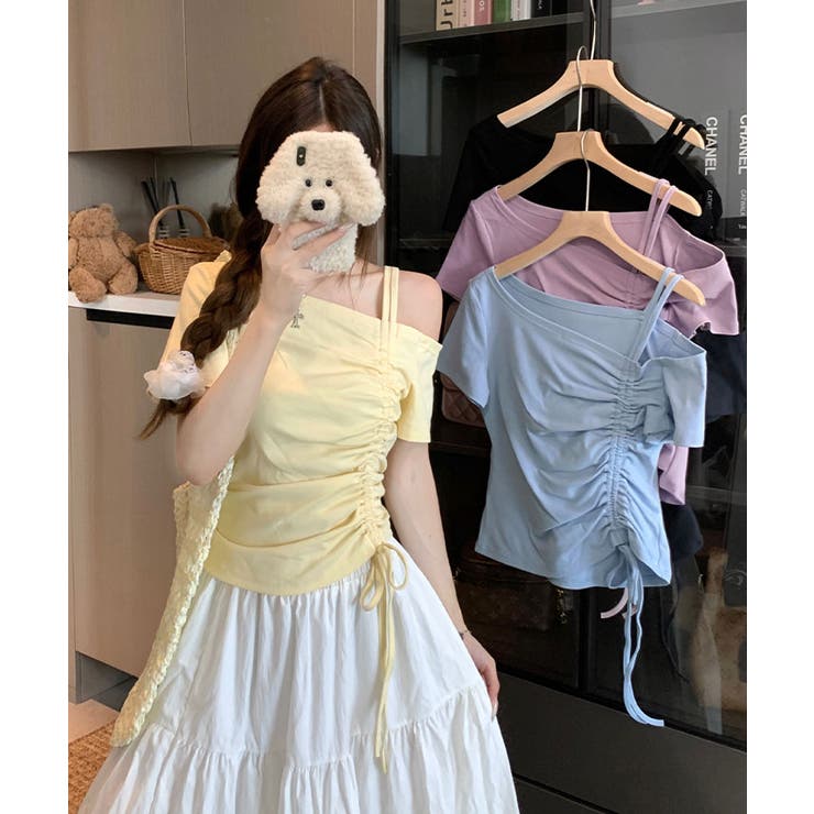 ワンショルダーサイドシャーリングトップス トップス ワン