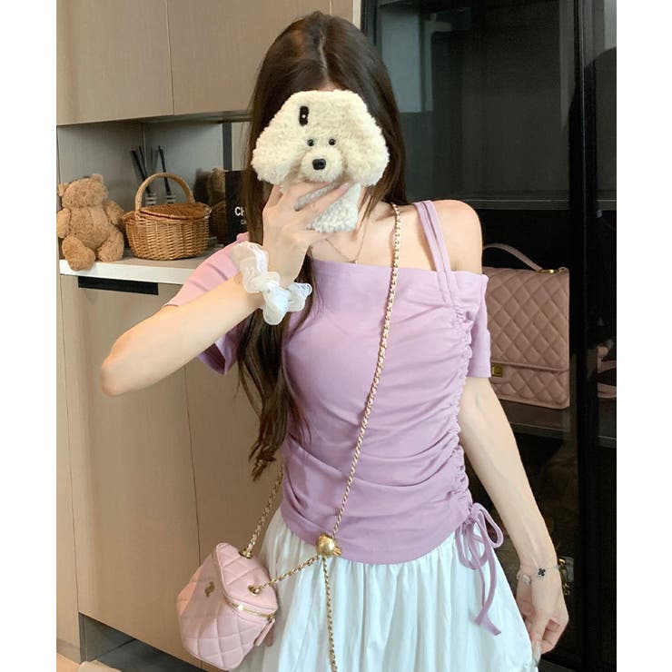 ワンショルダーサイドシャーリングトップス トップス ワン