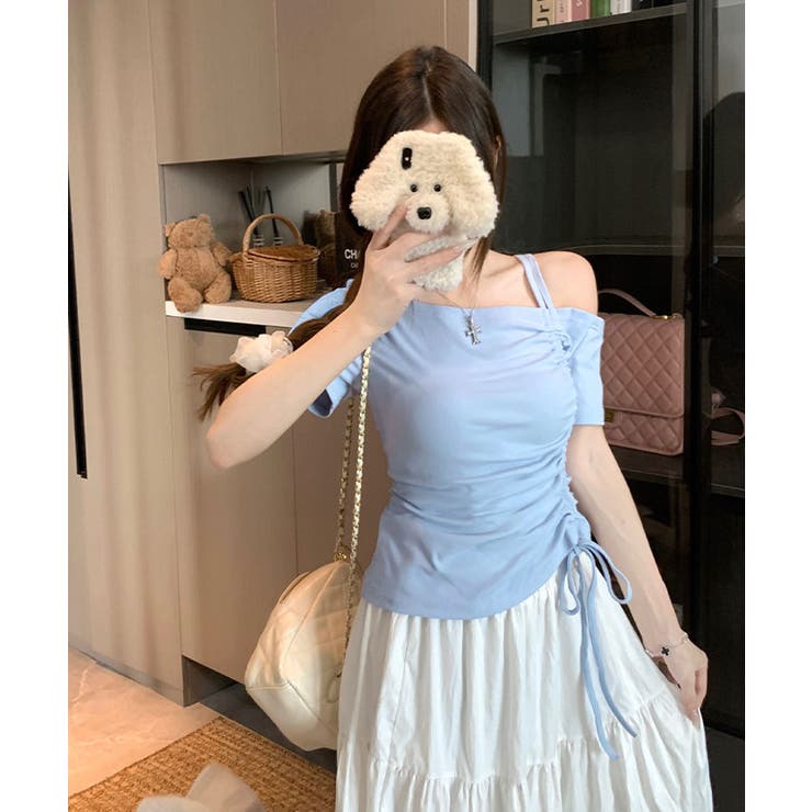 【上品】 ワンショルダーサイドシャーリングトップス トップス ワン トップス