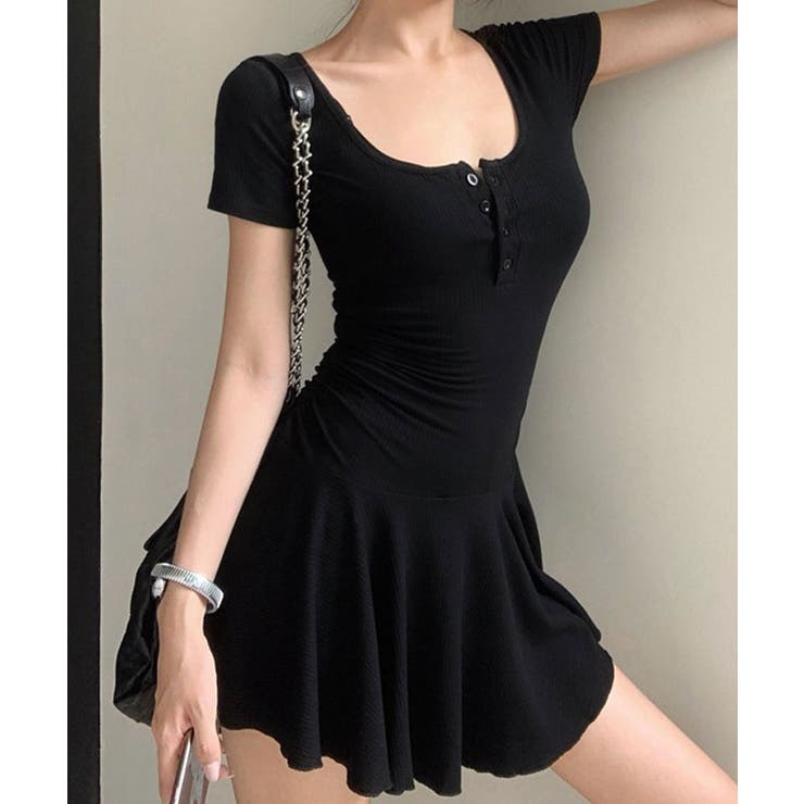 ブラック | ヘンリーネックタイトミニワンピース 2色 ミニワンピース | kirakiraShop 