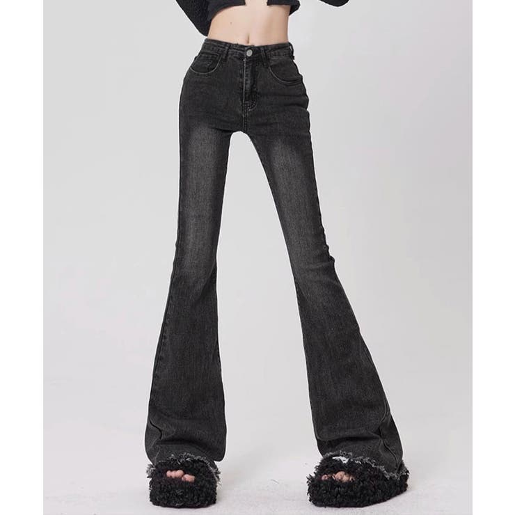 ブラック | 裾フリンジフレアデニムパンツ 3サイズ ボトムス | kirakiraShop 