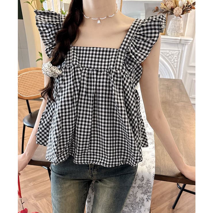 ブラック | フリルショルダーバックリボントップス トップス 可愛い | kirakiraShop 