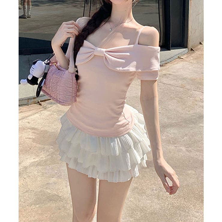 リボンオフショルダーデザイン半袖Tシャツ トップス カットソー