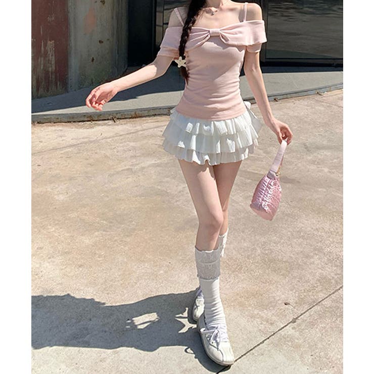 リボンオフショルダーデザイン半袖Tシャツ トップス カットソー | kirakiraShop  | 詳細画像14 