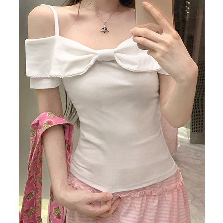 リボンオフショルダーデザイン半袖Tシャツ トップス カットソー | kirakiraShop  | 詳細画像3 