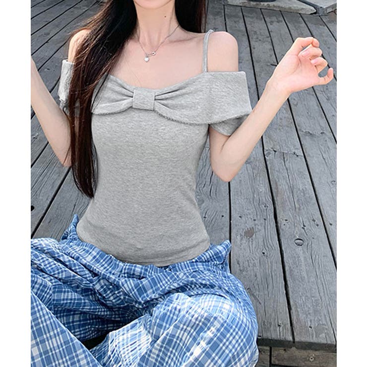 リボンオフショルダーデザイン半袖Tシャツ トップス カットソー | kirakiraShop  | 詳細画像9 