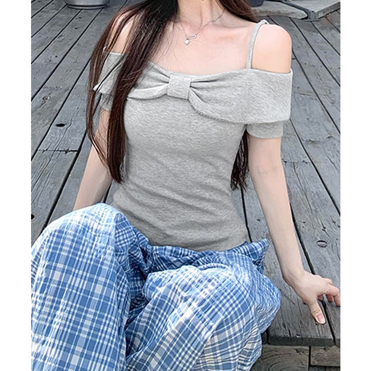 リボンオフショルダーデザイン半袖Tシャツ トップス カットソー | kirakiraShop  | 詳細画像10 