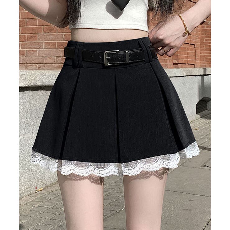 ブラック | ベルト付きプリーツフリルミニスカート 3サイズ ボトムス | kirakiraShop 