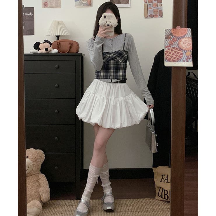 soor ベージュチェック カーディガン スカート 靴下セット soor