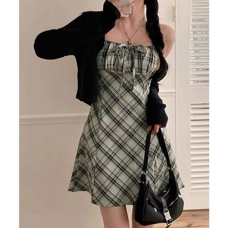 AndCoutureリボン付きチェック柄ワンピース チェック柄レーススリーブリボン付きワンピース | Lilyme selectshop