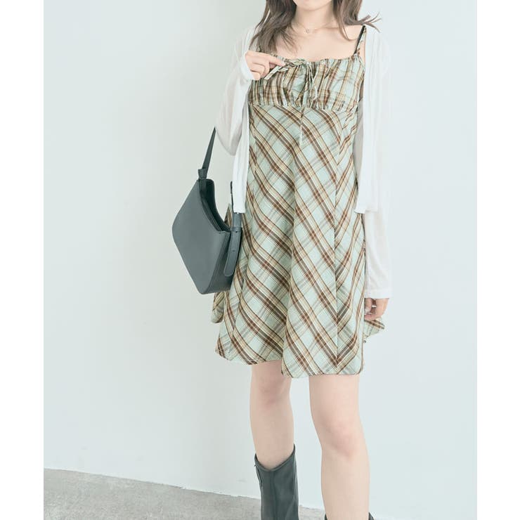 チェック柄リボンキャミワンピース ワンピース チェック柄[品番
