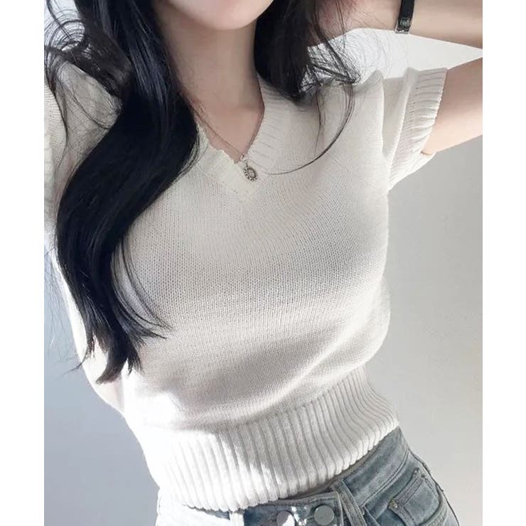 ホワイト | Vネックラグラン半袖ニットソー カットソー ニット | kirakiraShop 