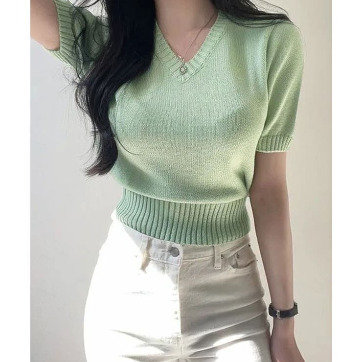 グリーン | Vネックラグラン半袖ニットソー カットソー ニット | kirakiraShop 