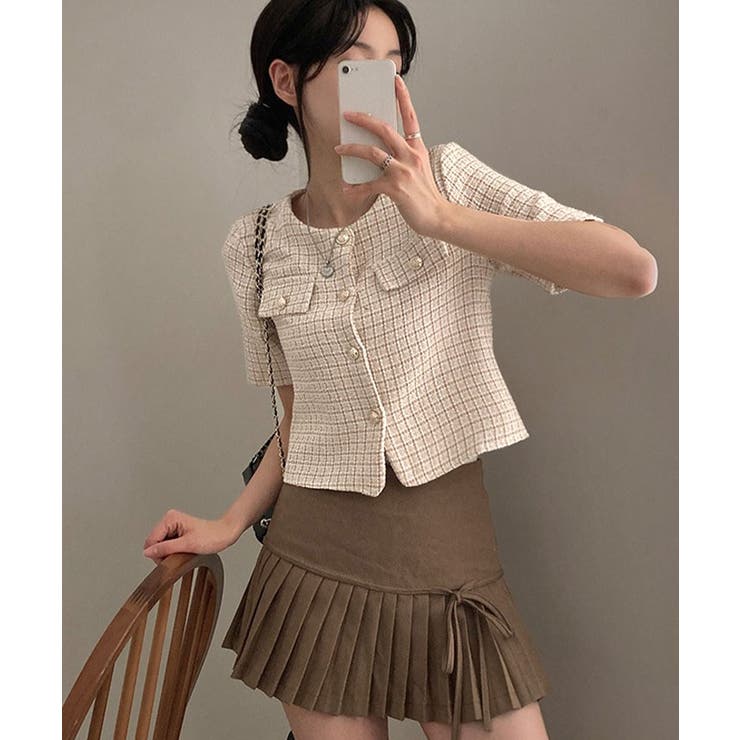 ノーカラーツイード半袖ジャケット アウター ジャケット | kirakiraShop  | 詳細画像14 