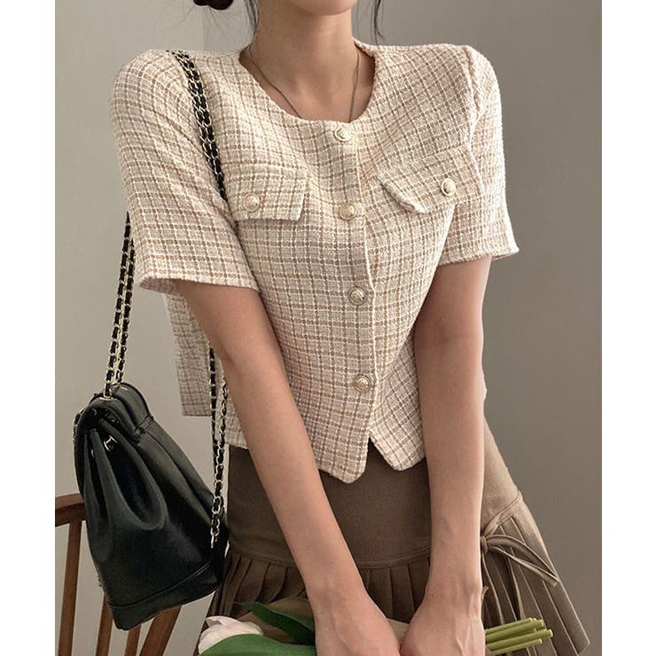 ノーカラーツイード半袖ジャケット アウター ジャケット | kirakiraShop  | 詳細画像15 