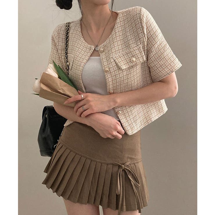 ノーカラーツイード半袖ジャケット アウター ジャケット | kirakiraShop  | 詳細画像16 