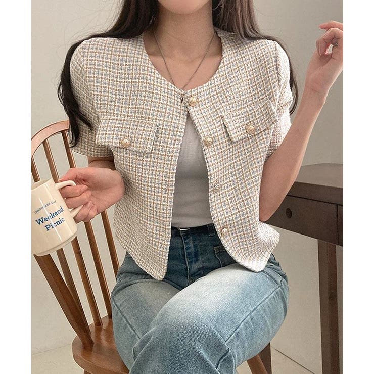 ノーカラーツイード半袖ジャケット アウター ジャケット | kirakiraShop  | 詳細画像18 